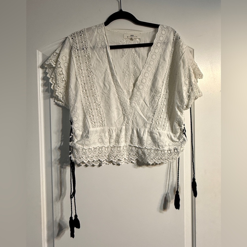 Nibi MTK Crochet Lace‎ Eyelet Blouse Womens White Boho Tassel Side Tie Top